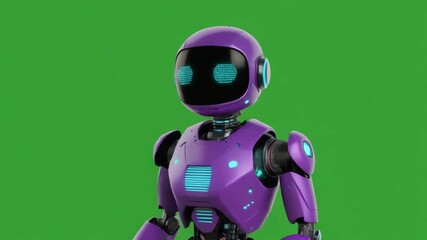 Sleek Purple Robot with Glowing Blue Eyes Performs Slow 360 Degree Rotation on Green Screen Background - Powered by Adobe
