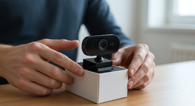 Hands unbox a new webcam from its white box, highlighting a new electronics product.Concept of new electronics setup and unboxing.