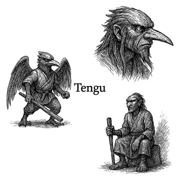 Tengu vintage engraved illustration, Japanese folklore demon bird, black and white fantasy art