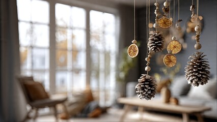 Close-up of natural autumn/winter decorations featuring pinecones and dried orange slices hanging in a cozy living room with a blurred window view.