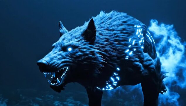 Enigmatic wolf leaps from shadows, glowing in electric blue energy and darkness