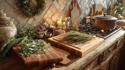 Rustic kitchen scene with fresh herbs on wooden cutting boards, a pot simmering on the stove, and warm ambient lighting.