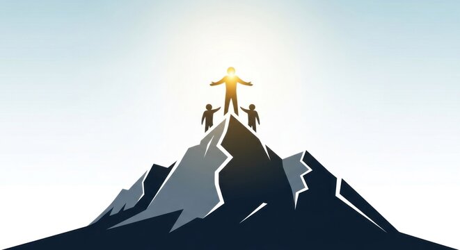 A man standing on top of a mountain with three smaller figures standing on its peak, symbolizing leadership and success.