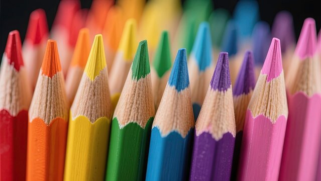 Macro photograph of tightly packed colored pencils arranged together, showcasing sharpened pencil tips in a vivid rainbow spectrum.
