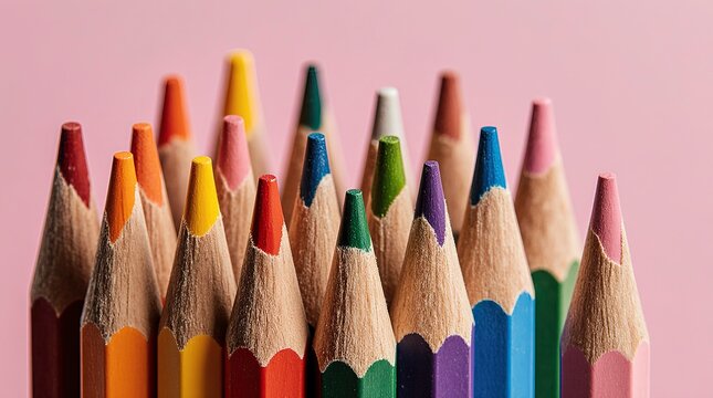 Macro photograph of tightly packed colored pencils arranged together, showcasing sharpened pencil tips in a vivid rainbow spectrum. - Powered by Adobe