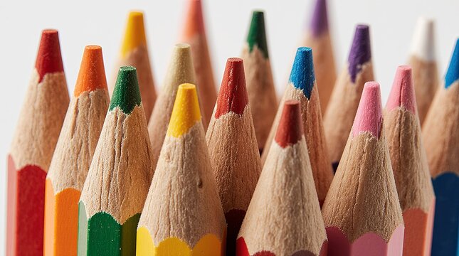 Macro photograph of tightly packed colored pencils arranged together, showcasing sharpened pencil tips in a vivid rainbow spectrum.