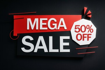 Bold mega sale announcement with fifty percent off discount badge on a dark background
