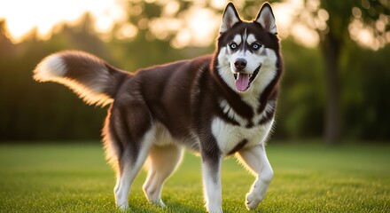 A Siberian Husky Enjoys a Sunny Afternoon Stroll Through a Lush Green Field