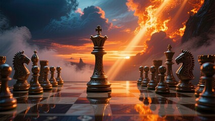 Chess scene at sunset with dramatic glowing sky with vivid orange and blue clouds