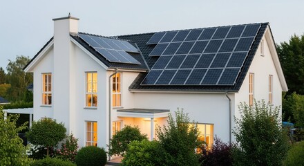 Large Monocrystalline Solar Panel Array on Pitched Roof of Modern White Two-Story House, Late Evening Soft Light in Windows
