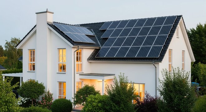 Large Monocrystalline Solar Panel Array on Pitched Roof of Modern White Two-Story House, Late Evening Soft Light in Windows