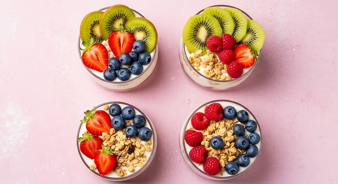 Healthy breakfast yogurt bowls with fresh berries and sliced kiwi.