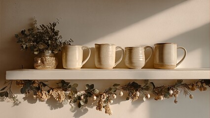 Four ceramic mugs and a vase with dried flowers arranged on a white shelf, illuminated by a warm diagonal sunlight.