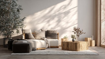 Bright and airy living room featuring a contemporary sectional sofa, rustic wooden coffee table, and a large potted plant, bathed in natural light.