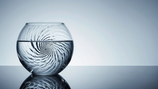 Round glass fishbowl filled with clear water showing a swirling vortex or whirlpool at the center, placed on reflective surface, soft blue gradient background.