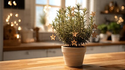 Potted rosemary plant decorated with small wooden stars on a kitchen countertop with blurred festive lights in the background.