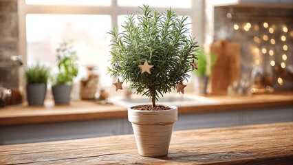 A small potted rosemary plant decorated with wooden stars on a kitchen countertop with blurred background lights.