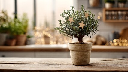 A small potted rosemary plant decorated with wooden stars on a rustic kitchen table.