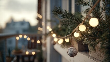 Cozy string of warm glowing fairy lights decorating a balcony with green foliage and a blurred background.