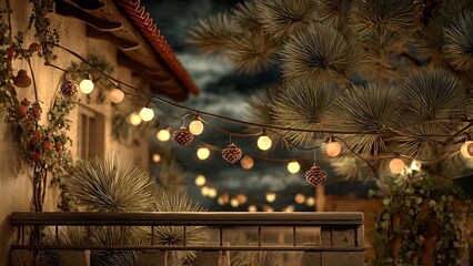 Cozy outdoor patio at night illuminated by warm string lights, with a house and a large tree in the background.