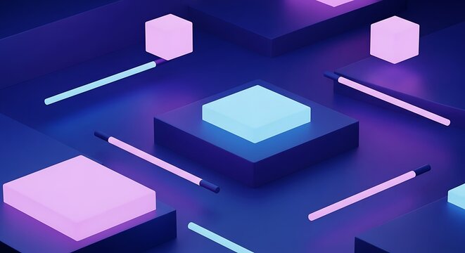 Abstract geometric shapes with neon lighting in a dark blue environment creating a futuristic scene - Powered by Adobe
