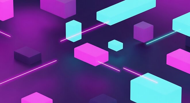 abstract isometric 3d shapes with neon lines in a dark purple background - Powered by Adobe