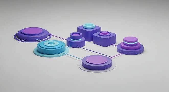 Abstract network of interconnected geometric shapes in shades of purple and blue on a neutral