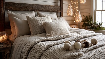 A cozy bedroom with a rustic wooden bed frame, layered with warm neutral-toned bedding, pillows, and a chunky knit blanket, adorned with festive string lights and decorative ornaments.