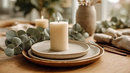 A cozy and elegant dining table setting with a lit candle, ceramic plates, and eucalyptus decor.