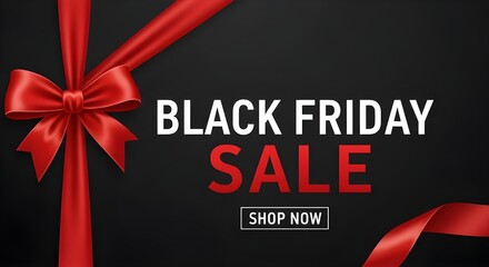 Black Friday Sale banner template with elegant red ribbon and bow on black background