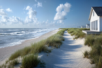 Serene coastal landscape with beachfront houses and clear blue sky