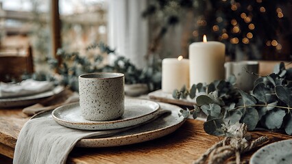 A cozy dining table set with ceramic plates, cups, lit candles, and green foliage, creating a warm ambiance.