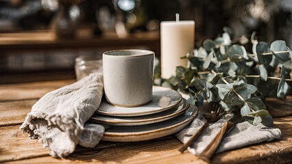 Rustic table setting with ceramic plates, mug, linen napkin, candle, and eucalyptus branches on a wooden surface.