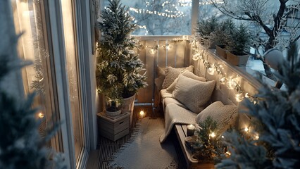 Cozy winter balcony decorated with festive string lights, small snow-dusted evergreen trees, and a warm seating area, creating a charming holiday ambiance.