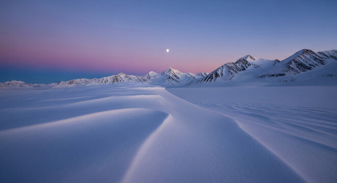 Wide shot of snowy mountain range under a twilight sky, displaying a serene landscape, representing wilderness, exploration, and nature's grandeur - Powered by Adobe
