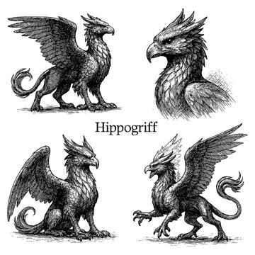 Hippogriff in vintage engraved style with multiple dynamic poses, Transparent Background