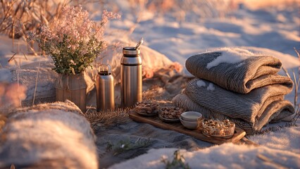 A cozy winter picnic setup with thermoses, snacks, and warm blankets on a snowy landscape at sunset.