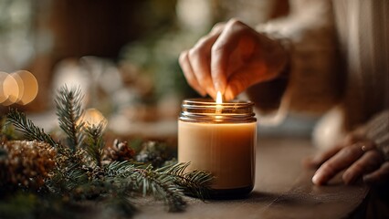 A hand lighting a warm candle in a jar next to festive evergreen branches and pinecones on a wooden table, creating a cozy atmosphere.