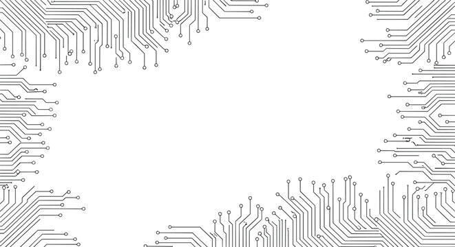 Circuit border illustration&mdash;black-and-white tech frame with electronic traces for digital design, computing, and futuristic visuals