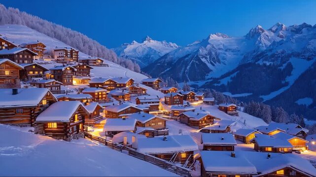 Snow-covered mountain village nestled in the Swiss Alps during dusk with glowing lights in cozy cabins