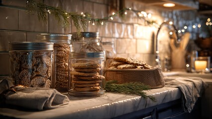 A cozy kitchen counter adorned with festive string lights and glass jars filled with homemade cookies and baked goods, creating a warm holiday atmosphere.