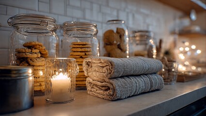 Cozy kitchen counter with glass jars of cookies and crackers, folded towels, and a lit candle creating a warm ambiance.