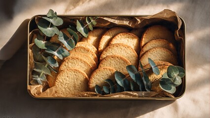 Overhead view of a metal tin filled with golden round biscuits and green eucalyptus leaves, presented on a textured light surface with natural light and shadows.