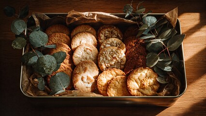 A tin box filled with an assortment of freshly baked cookies and decorative green leaves on a wooden table.