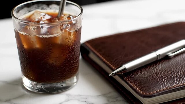Leather notebook with silver pen on marble desktop close up