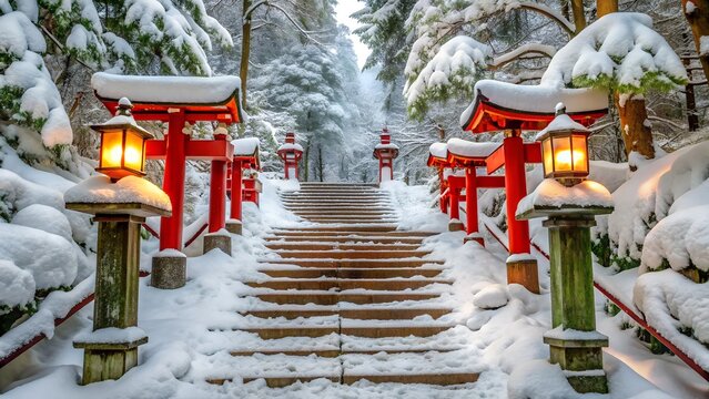 Winter path to japanese shrine with torii - Powered by Adobe