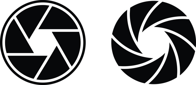 Camera shutter icon set, photography symbol, aperture graphic, lens design, black silhouette, vector style, spiral motion, isolated element, photo tool, abstract shutter