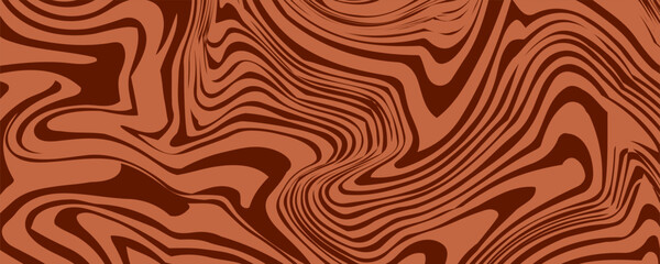 Retro coffee color background. Milk chocolate liquid desert texture. Wavy swirl candy pattern for poster, cover, banner, pamphlet. Brown trippy hippie wallpaper in 60s or 70s style. Vector