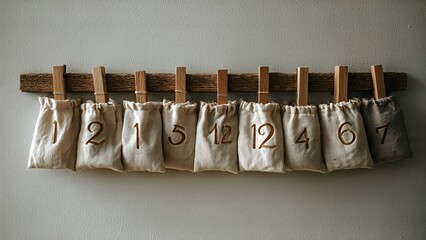 Numbered fabric bags hanging from a wooden bar with clothespins, resembling an advent calendar or countdown.