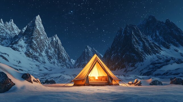 Experience the magic of winter camping under a starlit sky, nestled among majestic snow-capped mountains for a peaceful, unforgettable adventure